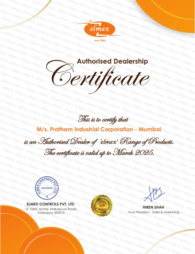 Elmex Authorized Dealership Certificate - Chintan Corporation