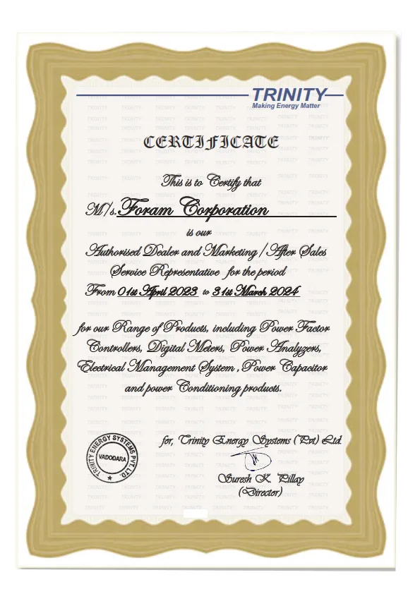 Trinity Authorized Dealership Certificate - Chintan Corporation